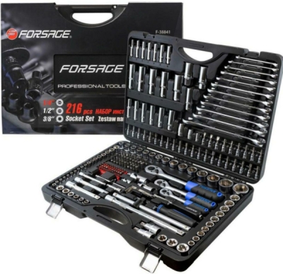 Universalus įrankių rinkinias lagamine Forsage F-38841-5 (216 vnt., 1/4", 3/8", 1/2", Cr-V plienas)
