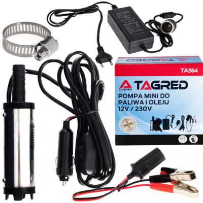 TA564 - Vypouštěcí čerpadlo topného oleje, mini ponorné čerpadlo 12V/230V + adaptéry