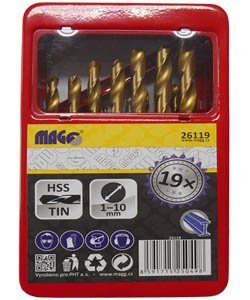 Vrtáky HSS TiN do kovu, 1.0-10.0 mm, sada 19 ks v plechovém boxu