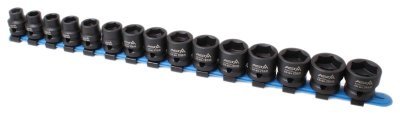 Hlavice nástrčné úderové 1/2", 10-24 mm, 6hranné extra krátké 28 mm, 15 ks na liště - ASTA