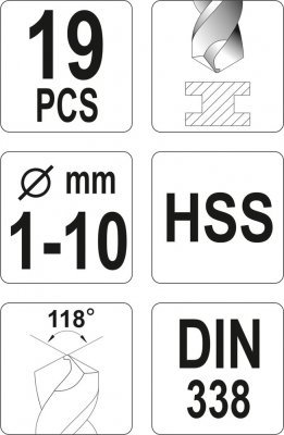 Sada vrtáků do železa HSS 19 kusů 1-10 mm YATO YT-4462