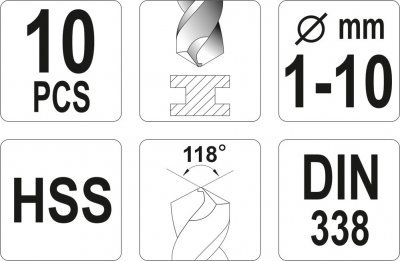 Sada vrtáků do železa HSS, 1-10 mm 10 kusů YATO YT-4461