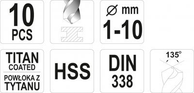 Sada vrtáků do železa HSS-TIN 10 kusů 1-10 mm YATO YT-44674