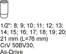 Sada dlouhých nástavců 8-21 mm 1/2" 14 kusů YATO YT-5539