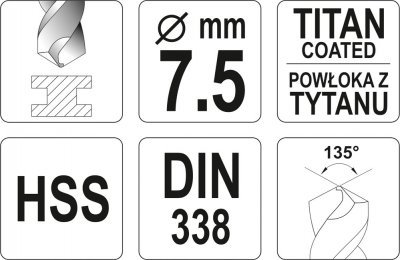 Vrták do železa HSS-TIN 7,5 mm YATO YT-44657