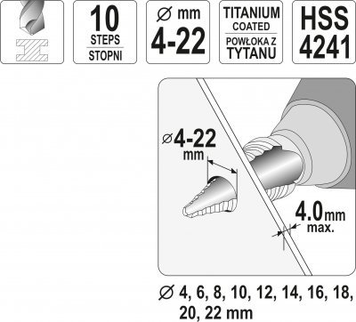 Stupňovitý vrták do železa 4-22 mm YATO YT-44741
