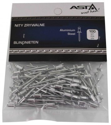 Trhací nýty hliník-ocel, různé rozměry, s plochou hlavou, balení 100 ks - ASTA, Velikost: 4.8x12.7 mm