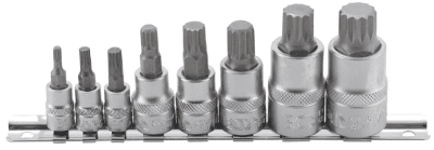 Hlavice zástrčné XZN 1/4", 3/8" a 1/2", vel. M4-M16, sada 8 ks na liště - BGS 5105