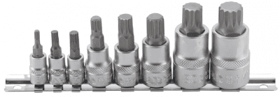 Hlavice zástrčné XZN 1/4", 3/8" a 1/2", vel. M4-M16, sada 8 ks na liště - BGS 5105