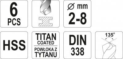 Sada vrtáků do kovu HSS-TIN 2-8 mm 6 kusů YT-44673