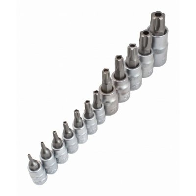 Zástrčné hlavice TORX-TS s otvorem 1/4", 3/8" a 1/2", TS8-TS60, sada 12 ks - SATRA