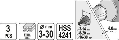 Kuželové vrtáky HSS do kovu 3-30 mm, sada 3 ks