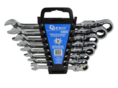 Klíče ráčnové očkoploché s kloubem, sada 8ks, 8-22 mm, plastový držák - GEKO G10338