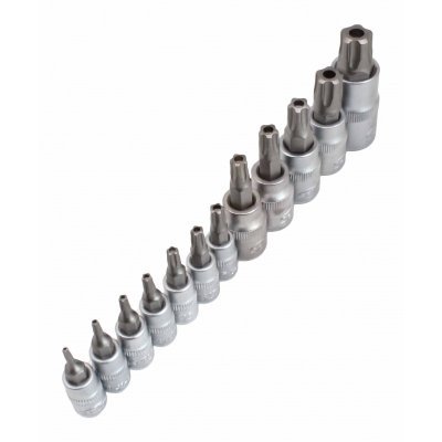 Zástrčné hlavice TORX-TS s otvorem 1/4", 3/8" a 1/2", TS8-TS60, sada 12 ks - SATRA