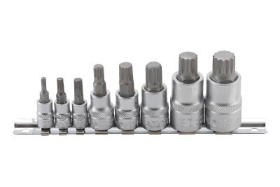 Hlavice zástrčné XZN 1/4", 3/8" a 1/2", vel. M4-M16, sada 8 ks na liště - BGS 5105