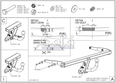 Tažné zařízení VW Golf HB 2012-06/2014 (VII), pevný čep 2 šrouby, Galia