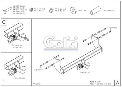 Tažné zařízení Ford Transit/Tourneo valník 2000-2014, pevný čep 2 šrouby, Galia