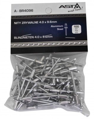 Trhací nýty hliník-ocel, různé rozměry, s plochou hlavou, balení 100 ks - ASTA, Velikost: 4.0x12.7 mm