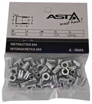 Maticové nýty - nýtovací matice s plochou hlavou, ocel, různé rozměry, balení 50 ks - ASTA, Velikost: M4x11 mm