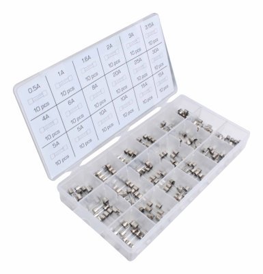 Autopojistky skleněné trubičkové, 0,5-30 A, 5x20 mm, pro autoveterány, sada 180 ks - ASTA