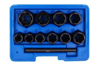 Hlavice 3/8” na poškozené šrouby a matice, velikosti 9-19 mm, sada 10 ks - SATRA