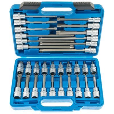 Zástrčné hlavice TORX 1/2", standardní, prodloužené a extra dlouhé, T20-T70, 32 ks - SATRA