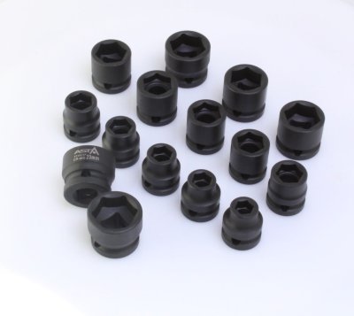 Hlavice nástrčné úderové 1/2", 10-24 mm, 6hranné extra krátké 28 mm, 15 ks na liště - ASTA