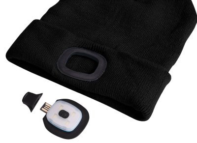 Čepice s čelovkou 180lm, nabíjecí, USB, univerzální velikost, bavlna/PE, černá s bambulkou