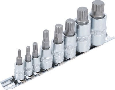 Hlavice zástrčné XZN 1/4", 3/8" a 1/2", vel. M4-M16, sada 8 ks na liště - BGS 5105