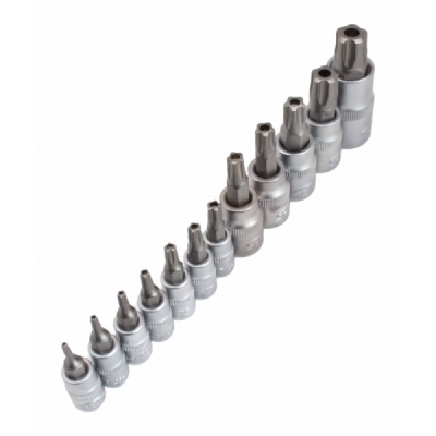 Zástrčné hlavice TORX-TS s otvorem 1/4", 3/8" a 1/2", TS8-TS60, sada 12 ks - SATRA
