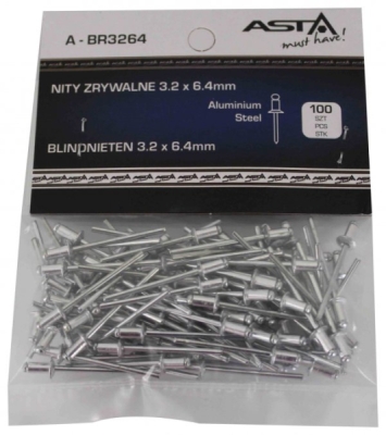 Trhací nýty hliník-ocel, různé rozměry, s plochou hlavou, balení 100 ks - ASTA, Velikost: 4.0x9.6 mm