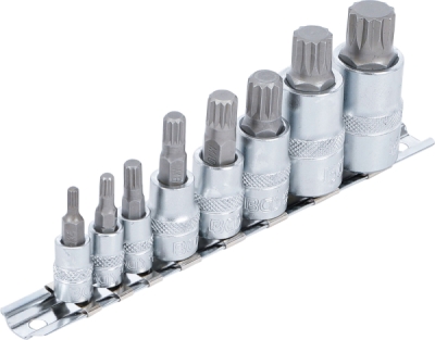 Hlavice zástrčné XZN 1/4", 3/8" a 1/2", vel. M4-M16, sada 8 ks na liště - BGS 5105