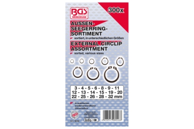Pojistné kroužky seger, vnější, velikosti 3-32 mm, sada 300 ks - BGS 8046