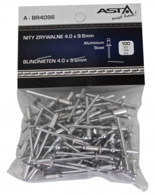 Trhací nýty hliník-ocel, různé rozměry, s plochou hlavou, balení 100 ks - ASTA, Velikost: 4.0x12.7 mm