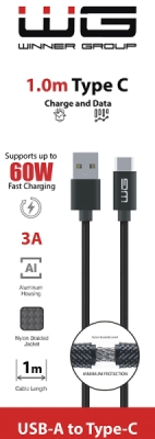 WG Datový kabel USB-A_Type-C, 3 A, černý, 100 cm