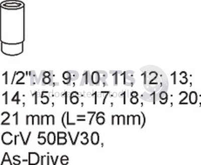 Sada dlouhých nástavců 8-21 mm 1/2" 14 kusů YATO YT-5539