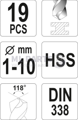 Sada vrtáků do železa HSS 19 kusů 1-10 mm YATO YT-4462