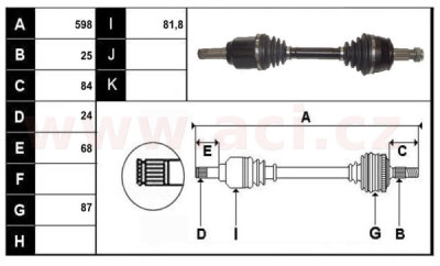 přední poloosa AVORD délka 598mm, 25 drážek u kola, 24 drážek u převodovky AUT, bez ABS kroužku, L, repasovaný originál (+vratná č