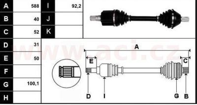 FOR GALAX 10-15 přední poloosa AVORD délka 588mm, 40 drážek u kola, 31 drážek u převodovky (automat), bez ABS kroužku, L