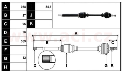 přední poloosa AVORD délka 988mm, 27 drážek u kola, 26 u převodovky MAN, pro vozidla s ABS, bez ABS kroužku, P, repasovaný originá