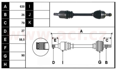 přední poloosa AVORD délka 630mm, 26 drážek u kola, 27 u převodovky MAN, pro vozidla s ABS, bez ABS kroužku, L, repasovaný originá
