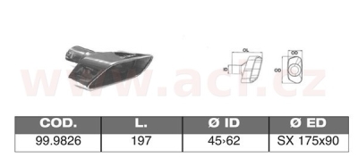 koncovka výfuku nerezová lichoběžníková šikmá, vnější průměr 175x90mm, délka 197mm, vnitřní průměr 45-62mm ASSO