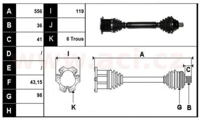 přední poloosa AVORD délka 556mm, 36 drážek u kola, 6 šroubů u převodovky AUT, bez ABS kroužku, P, repasovaný originál (+vratná čá
