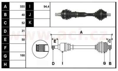přední poloosa AVORD délka 555mm, 40 drážek u kola, 31 u převodovky AUT, pro vozidla s ABS, bez ABS kroužku, L, repasovaný originá