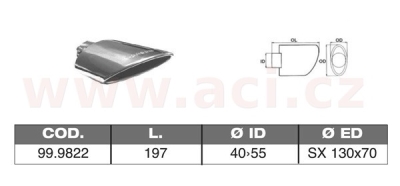 koncovka výfuku nerezová oválná šikmá, vnější průměr 130x70mm, délka 197mm, vnitřní průměr 40-55mm ASSO
