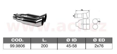 koncovka výfuku nerezová dvojitá kulatá, vnější průměr 2x76mm, délka 200mm, vnitřní průměr 45-58mm ASSO