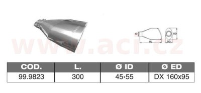 koncovka výfuku nerezová oválná, vnější průměr 160x95mm, délka 300mm, vnitřní průměr 45-55mm ASSO