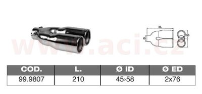 koncovka výfuku nerezová dvojitá kulatá, vnější průměr 2x76mm, délka 210mm, vnitřní průměr 45-58mm ASSO
