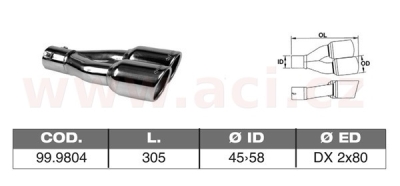 koncovka výfuku nerezová dvojitá kulatá, vnější průměr 2x80mm, délka 308mm, vnitřní průměr 45-58mm ASSO