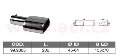 koncovka výfuku nerezová lichoběžníková, vnější průměr 155x70mm, délka 200mm, vnitřní průměr 45-64mm ASSO
